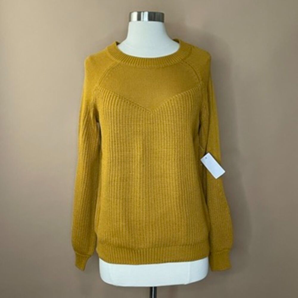 Greige Mustard Yellow Textured Knit Crewneck Pullover Sweater Womens Small